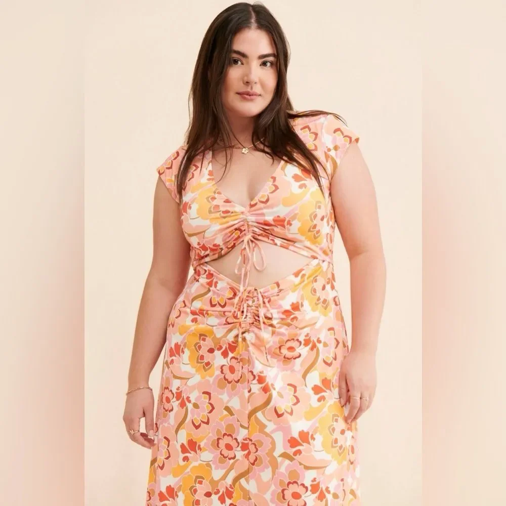 NWT AFRM Anthropologie Lizette Coral Floral Cutout Slinky Maxi Dress 2X Boho